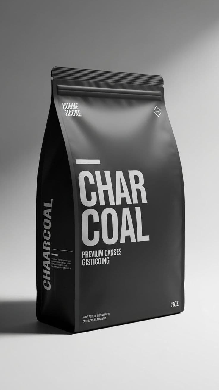 Black charcoal pouch packaging with bold typography