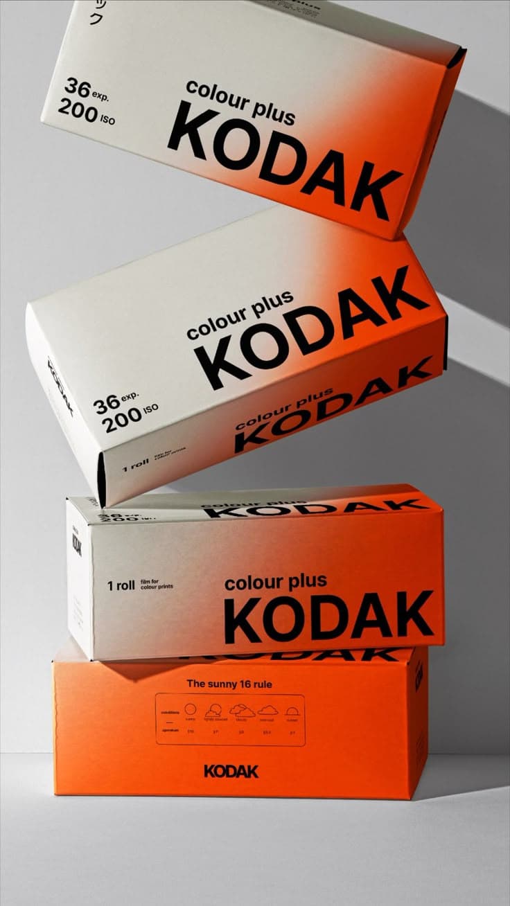 Kodak colour plus film boxes stacked with orange and white packaging