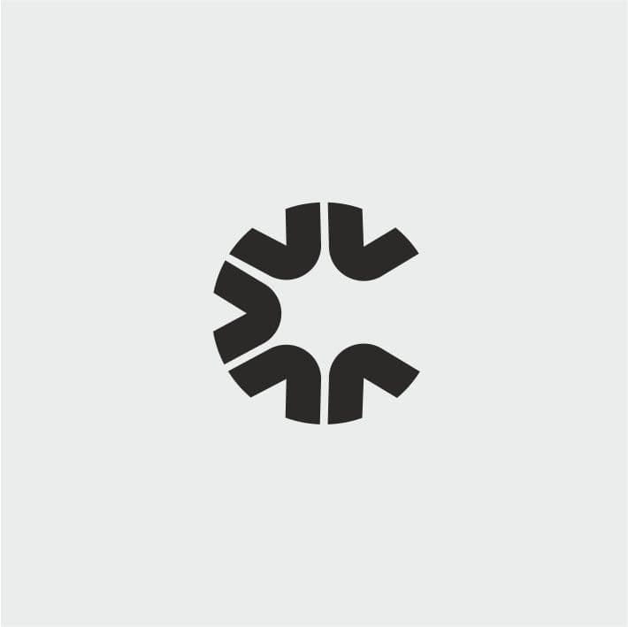 Bold geometric rotating symbol logo with angular shapes