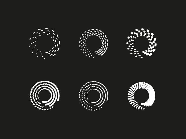 Six circular spiral logo variations with dynamic motion patterns
