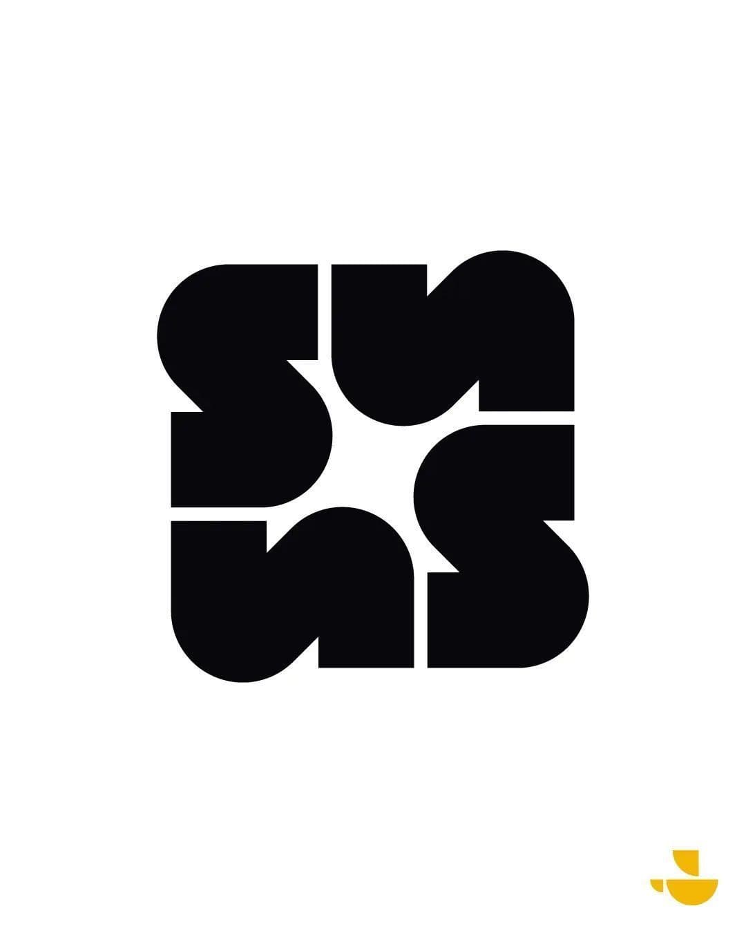 Bold rotational typographic logo with four mirrored letterforms