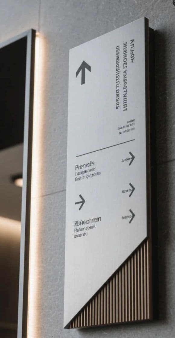 Minimal interior wayfinding signage with directional arrows and clean typography